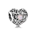 Hollow heart charm bead with pink crystal stone inlay for DIY charm bracelets - October (Pink)