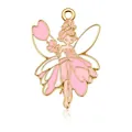 Pink fairy enamel pendant with cherry blossom wand and golden wing details for jewelry - Pink Flower Fairy