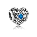 Silver heart bead charm with hollow vine pattern and sparkling blue birthstone gem - December (Blue)