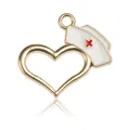 Pink heart-shaped alloy pendant with a white nurse hat charm and gold finish for DIY bracelets - Heart Shape Nurse Hat Enamel Charm