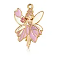 Pink and white flower fairy alloy enamel pendant with golden outlines and hanging hole - Purple Petal Skirt Girl