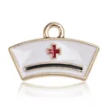 Pink nurse hat charm pendant in white enamel finish with golden alloy ring for DIY bracelets - Medical Nurse Hat Enamel Charm