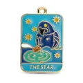 Colgante de tarot esmaltado con loro azul y tema de estrella en acabado dorado - La Estrella (Gato Estrellado)