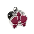 Orchid charm bead with magenta enamel petals and pink gemstone for DIY bracelets - Red