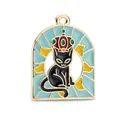 Charming enamel black cat pendant with golden crown and colorful archway detailing - Blue Background Black Cat