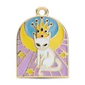 Enamel cat pendant with crown and crescent moon design on a blue starry sky background - Golden Crown White Cat