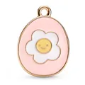 Colgante de huevo de Pascua rosa esmaltado con flor blanca y carita sonriente para joyas - Colgante Huevo Flor Rosa Claro