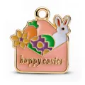 Colgante sobre de Pascua con conejo blanco, zanahoria y huevo en esmalte dorado - Colgante Conejo Montado en un Huevo