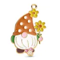 Pendentif gnome de Pâques avec chapeau orange à pois et fleur jaune en métal doré - Gnome au Chapeau Champignon
