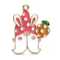 Pendentif gnome de Pâques avec oreilles de lapin et carotte, émail rose et bordure dorée - Lapin Rayé Rose Blanc Carotte