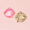 Colgante de labios rosas y piruleta de corazón chapado en oro para joyería DIY - Corazón de Labios Rosa