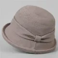 Women's warm wool blend cloche hat in brownish grey with elegant decorative bow - M (56-58cm) / Light Coffee