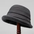 Elegant grey-blue wool bucket hat for older women with faux fur trim and metal logo - M (56-58cm) / Gray