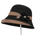 Elegant black sun hat for women with khaki ribbon, bow accent and pearl detail - M / Black