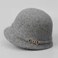 French vintage grey wool equestrian hat for women with elegant gold metal buckle detail - M (56-58cm) / Gray
