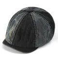 Detail of vintage patchwork denim newsboy cap with distressed texture and short brim - M (56-58cm) / Black
