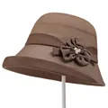 Detail of dark brown cloche hat featuring a fabric flower and white faux pearls - M / Caramel color