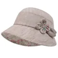 Women summer sun hat with large brim and floral accent in beige cotton linen fabric - M (56-58cm) / Khaki
