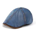 Zijaanzicht van de denim pet met bruine lederen klep en opvallende oranje contraststiksels - Verstelbaar / Blauwe Denim Textuur