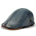 Detail of vintage denim flat cap featuring orange stitching and adjustable metal buckle - Adjustable / Retro Denim
