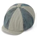 Detail of vintage patchwork newsboy cap featuring beige twill and distressed blue denim fabric - M (56-58cm) / Khaki