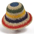 Regenboog gestreepte geweven strooien zonnehoed met brede rand voor strand en buiten - M(56-58cm) / Beige