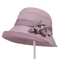 Detail of elegant pink sun hat featuring handcrafted fabric flowers and white pearls - M / Mauve