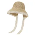 Summer woven straw hat with delicate white lace trim and adjustable lace-up chin straps - M / Beige