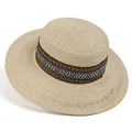 Bohemian flat top straw hat with colorful ethnic woven band for summer beach vacation - M (56-58cm) / Beige