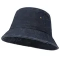 Detail van een gewassen denim vissershoed met metalen ventilatieopeningen en stiksels - M / Marineblauw