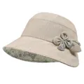 Detail of beige sun hat with floral bow accent and textured fabric finish - M (56-58cm) / Beige