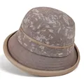 Detail of floral pattern fabric and metal logo on beige summer sun hat for elderly women - M (56-58cm) / Khaki