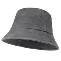 Detail view of washed charcoal grey denim bucket hat with metallic side ventilation eyelets - M (56-58cm) / Gray