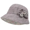Detail of purple cotton sun hat featuring fabric flower ornament and rhinestone core - M (56-58cm) / Taro