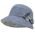 Detailed view of women's sun hat featuring fabric flower with rhinestone and floral lining - M (56-58cm) / Denim Blue