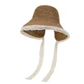 Close-up of brown straw hat featuring white lace trim and delicate long ribbons - M / Khaki