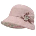 Detail of pink summer sun hat with floral ribbon bow and sparkling rhinestone - M (56-58cm) / Pink
