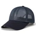 Detailed view of the breathable mesh fabric and fashion metal plaque on the navy blue cap - Adjustable / Dark Gray