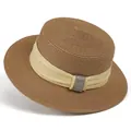 Nahaufnahme der feinen Strohhut-Boater mit Strassband und rechteckiger Zierschnalle - M(56-58cm) / Khaki