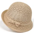 Elegant beige woven sun hat for women with bow and pearl detail for summer outdoor style - M (56-58cm) / Beige
