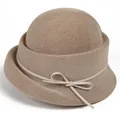 Detail of light khaki woven cloche hat with elegant ribbon bow and rolled brim finish - M (56-58cm) / Khaki