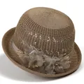 Detail of British style sun hat featuring mesh flowers, ribbon, and rhinestone accents - M (56-58cm) / Dark Khaki