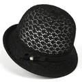 Detail of black woven summer hat featuring a ribbon bow with pearl and rhinestone accents - M (56-58cm) / Black