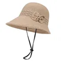 Detail van kaki geweven zonnehoed met decoratieve strik, parels en verstelbaar koord - M (56-58cm) / Beige