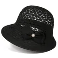 Close-up of black crochet lace sun hat with large bow and pearl accent detail - M (56-58cm) / Black