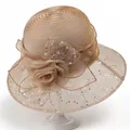 Elegant champagne organza wide brim sun hat with sequin floral accents for women - M / Khaki