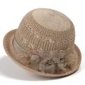 Detailed hollow weave texture of khaki sun hat with floral mesh and bead decoration - M (56-58cm) / Light Khaki