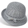 Detail of grey woven sun hat featuring a mesh crown and pearl bow decoration - M (56-58cm) / Gray
