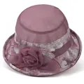 Close-up of elegant mesh sun hat featuring a large flower and floral embroidery - M(56-58cm) / Fuschia