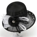 Detail of elegant black sun hat with organza floral accent and pearl bead embellishments - M(56-58cm) / Black